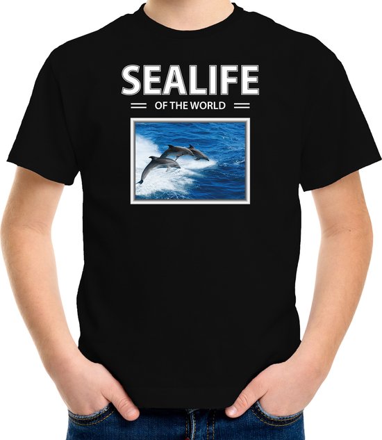 Dieren foto t-shirt Dolfijn - zwart - kinderen - sealife of the world - cadeau shirt Dolfijnen liefhebber - kinderkleding / kleding 122/128