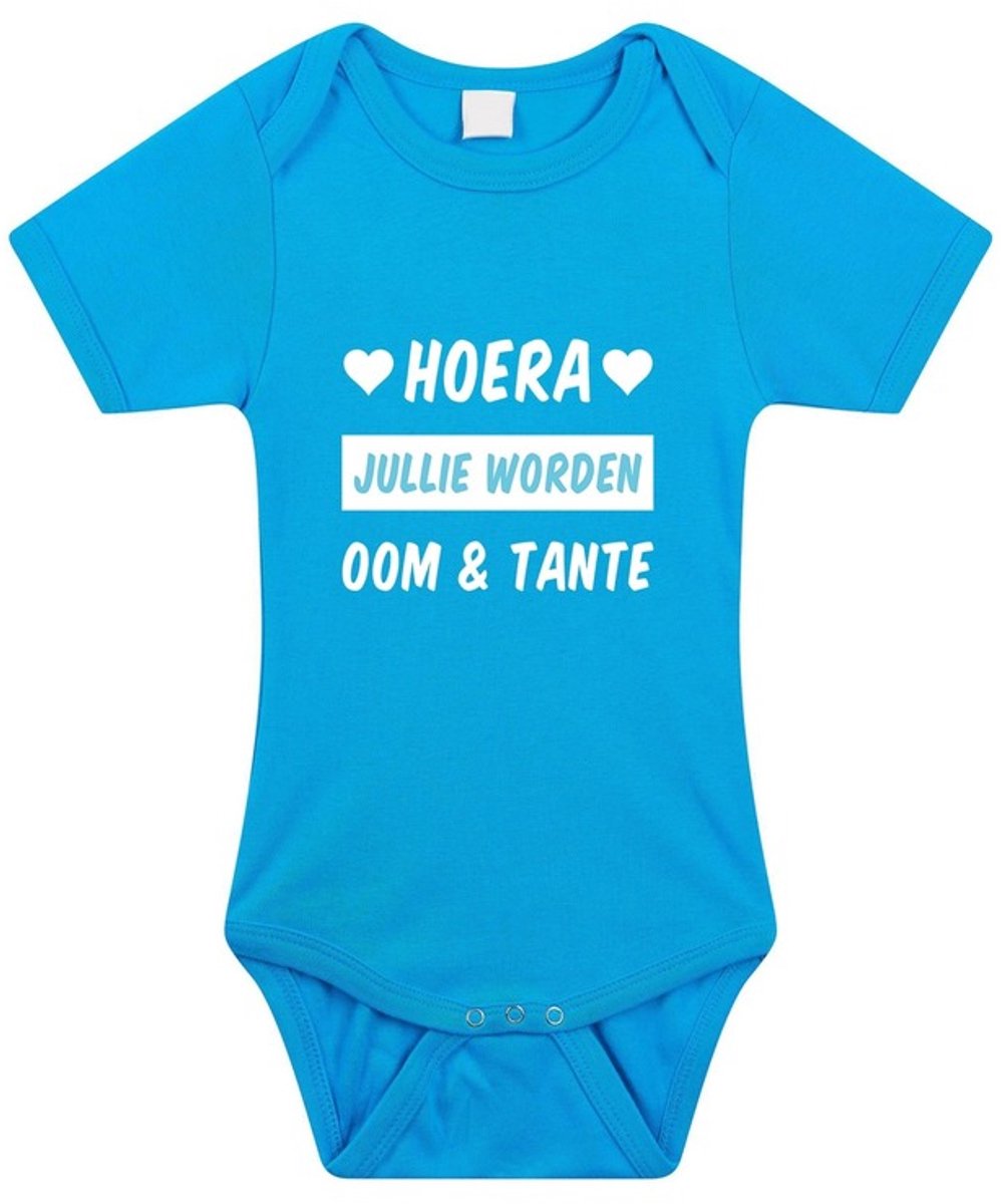 Hoera jullie worden oom en tante tekst baby rompertje blauw jongens - Kraamcadeau - Babykleding 80