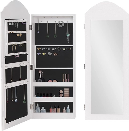 GIANTEX Staande sieradenkast, sieradenrek met 14 ledlampen, sieradencommode met staande spiegel, kantelbaar, driehoekige standaard, afsluitbare spiegelkast, hout, wit GIANTEX Staande sieradenkast, sieradenrek met 14 ledlampen, sieradencommode met staande spiegel, kantelbaar, driehoekige standaard, afsluitbare spiegelkast, hout, wit