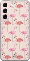 Hoesje geschikt voor Samsung Galaxy S22 - Flamingo - Soft Case - TPU - Print - Beige, Roze - Mooie Telefoonhoesjes