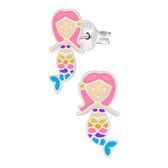 Oorbellen meisje | Zilveren kinderoorbellen | Zilveren oorstekers, zeemeermin met roze haar en gekleurde staart