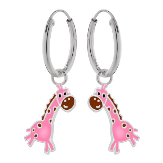 Oorbellen meisje | Zilveren kinderoorbellen | Zilveren oorringen met hanger, roze giraf