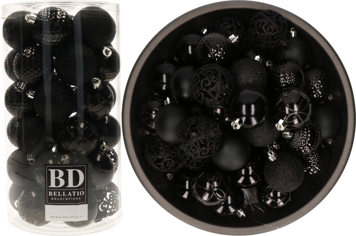 Bellatio Decorations Kerstballen mix - 74-delig - zwart - 6 cm - kunststof