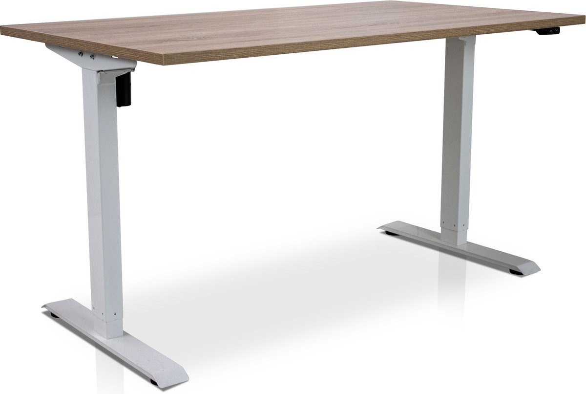 Zit-sta bureau elektrisch verstelbaar - MRC EASY | 120 x 80 cm | inclusief stekkerdoos en kabelklemmen | frame wit - blad midden eiken