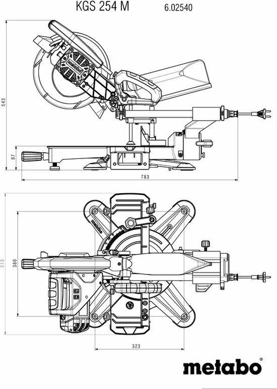 Technische tekening van Metabo afkortzaag KGS 254 M.