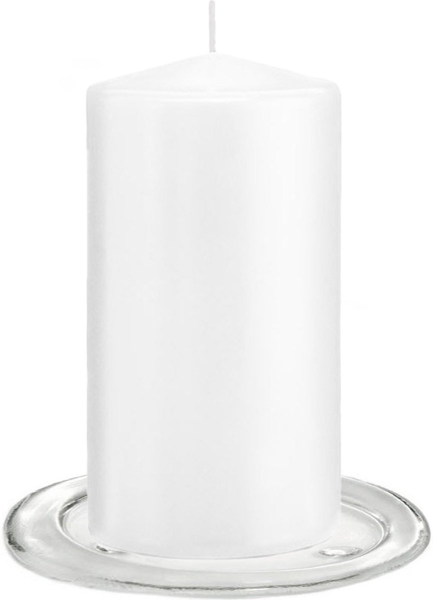 Trend Candles Stompkaarsen met glazen onderzetters set van 2x stuks helder wit 8 x 15 cm