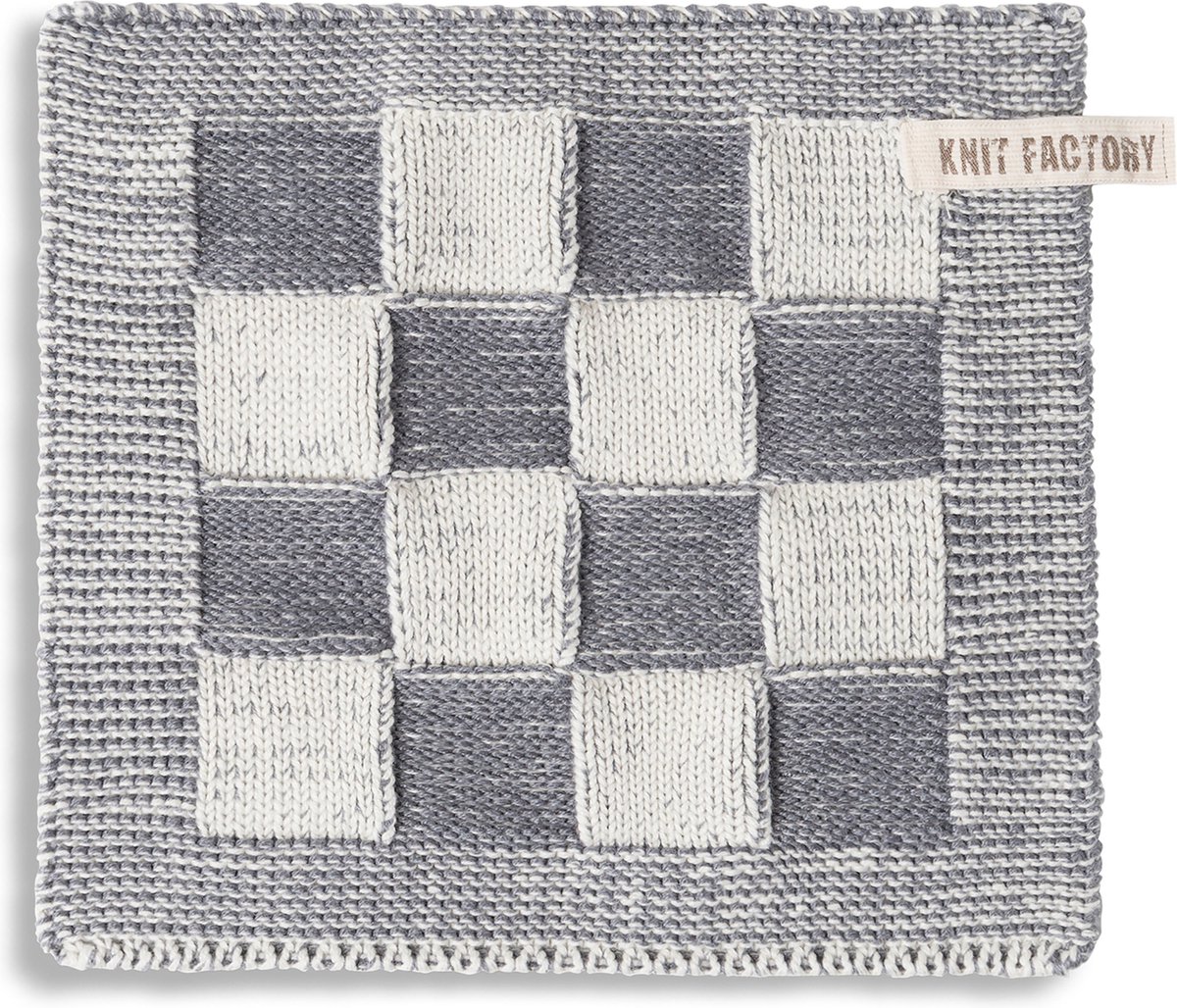 Knit Factory Gebreide Pannenlap Block - Pannenlappen gemaakt van 50% katoen & 50% acryl - Blokken motief - Traditionele look - 1 stuk - Ecru/Med Grey - 23x23 cm - Knit Factory