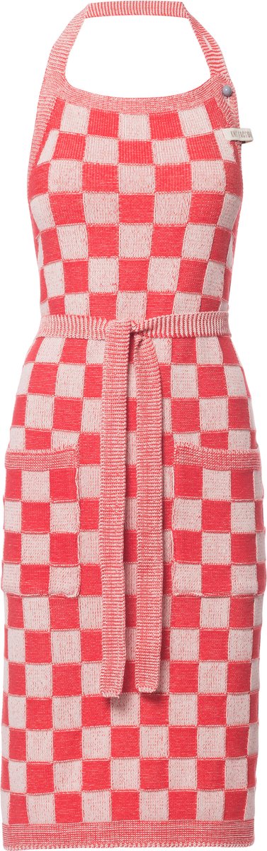 Knit Factory Gebreide Keukenschort Dames & Heren - Kookschort - Kokssloof - Keukensloof - Koksschort - Barbecue schort Block - Ecru/Rood - One Size - Met steekzakken