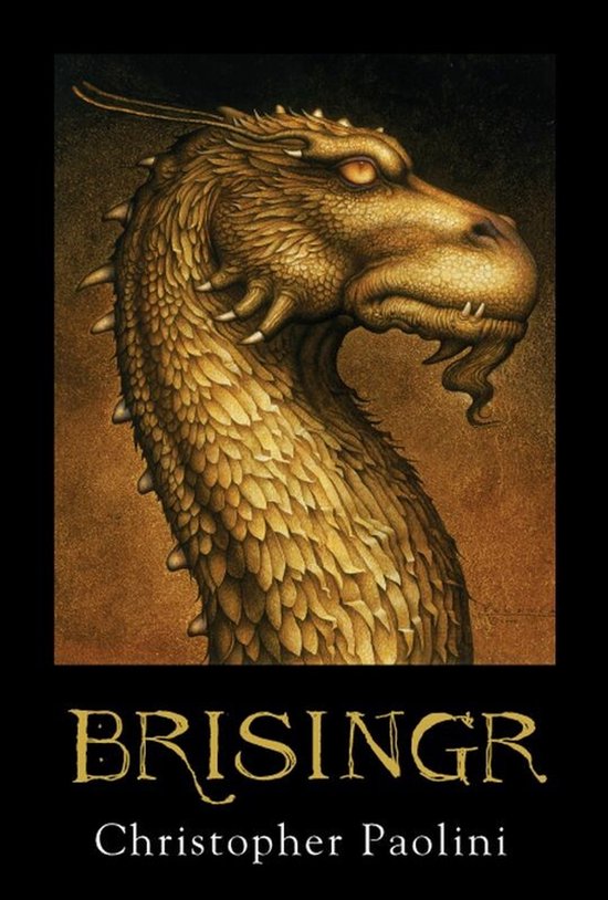 Couverture de livre représentant une tête de dragon dorée et écailleuse, avec le texte "BRISINGR" et "Christopher Paolini".
