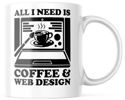 Mok met tekst: All i need is coffee and web design | Webontwikkelaar Mok | Webdeveloper Mok | Webdesigner Mok | Grappige Cadeaus | Grappige mok | Koffiemok | Koffiebeker | Theemok | Theebeker