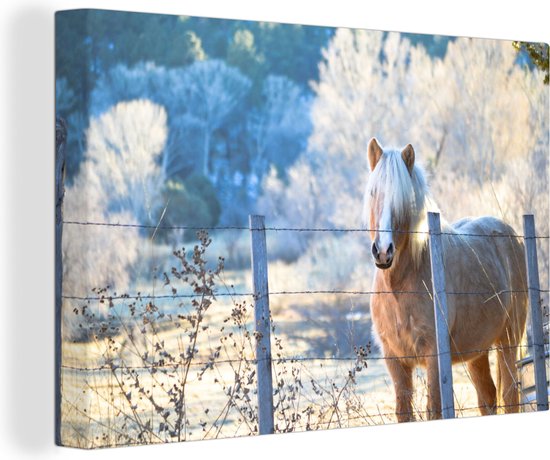 Canvas Schilderij Paard - Winter - Sneeuw - 90x60 cm - Wanddecoratie