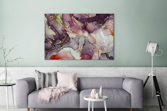 Tableau sur toile Marbre - Rouge - Violet - Or - 140x90 cm - Décoration murale