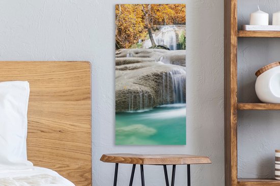 Canvas Schilderij Bos - Waterval - Water - Herfst - 20x40 cm - Wanddecoratie