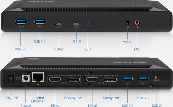 Wavlink USB-C Ultimate Docking Station met 2 x HDMI + 2 x DisplayPort Video uitgangen + 9 andere poorten en 100W opladen. Geschikt voor ALLE type Laptops en MacBooks!
