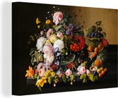 Canvas - Schilderij Stilleven met bloemen en fruit - Kunstwerk - Oude meesters - 120x80 cm - Muurdecoratie - Woonkamer