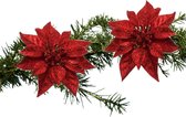 Kerst bloemen 2x stuks kunststof rood op clip - 18 cm - Kerstornament