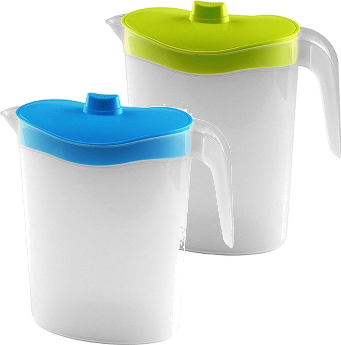 Setje van 2x stuks water/sap/schenk kannen van kunststof in blauw en groen 2.5 liter inhoud