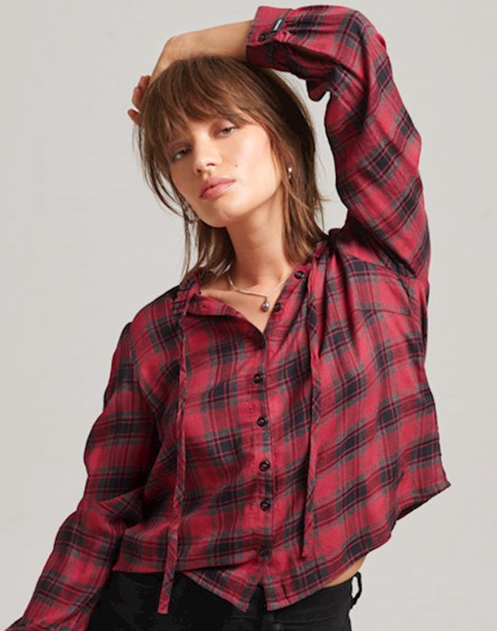 Enmain Geruite damesshirts, zacht, rekbaar, geruit shirt met lange mouwen, button-down, geruite blouses, tops met zakken, Zwart/Roze, L