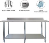 Commerciële Catering Werktafel RVS Horeca - 213 x 60 x 90 cm - Verstelbare Plank + Poten - Inclusief 2 Microvezeldoeken - 10 cm Spatrand