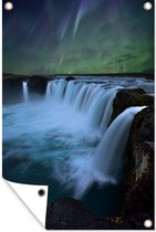 Muurdecoratie Het stromende water van de Gullfoss waterval en het schitterende noorderlicht erboven - 120x180 cm - Tuinposter - Tuindoek - Buitenposter