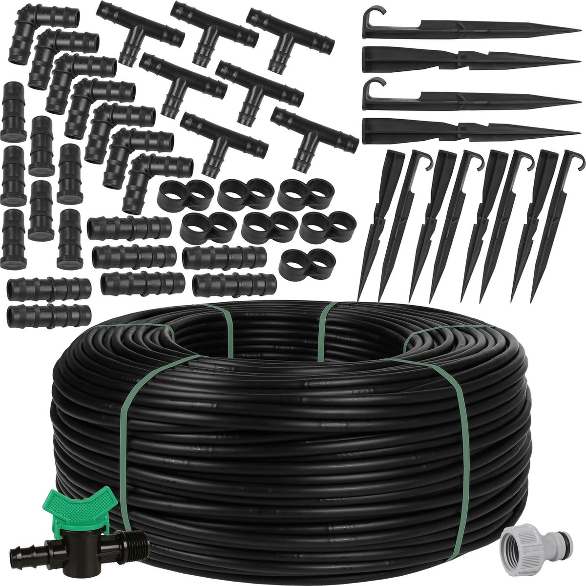 Zwarte druppelleiding 16mm-1,6 l/h + Gardena kraanaansluiting - MADE IN EU / 125m + Accessoires