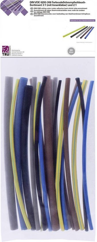 Krimpkousen assortiment van TRU COMPONENTS met 20 stuks in verschillende kleuren en maten, verpakt in een plastic zak.