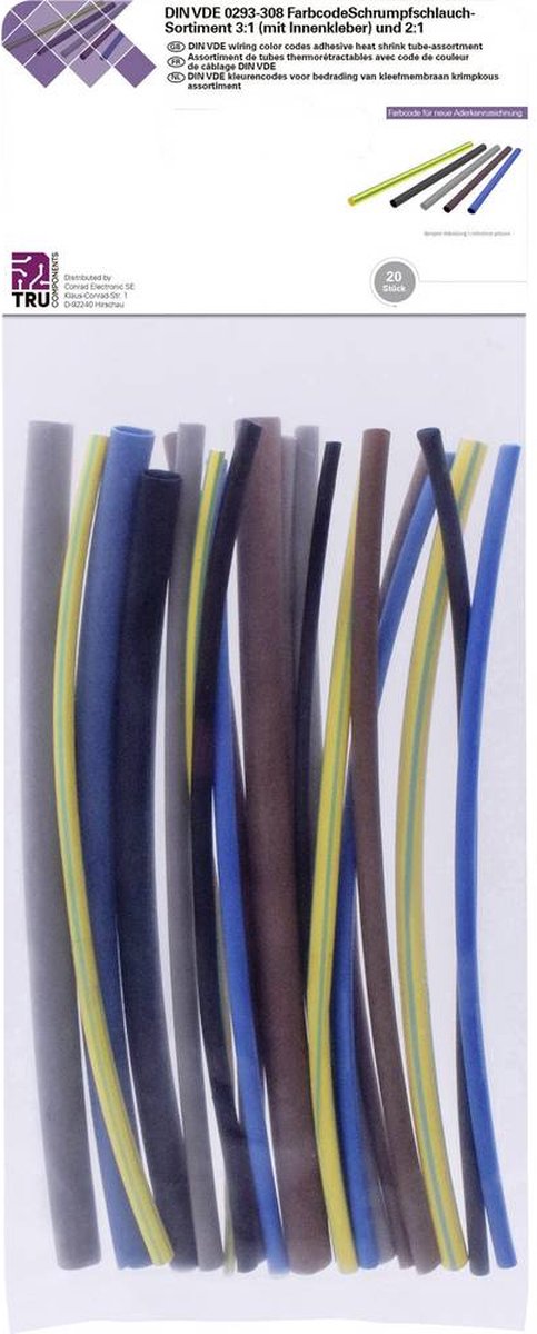 TRU COMPONENTS T1902CA044 Krimpkous assortiment Blauw, Bruin, Grijs, Groen, Geel, Zwart Krimpverhouding:3:1, 2:1 20 ond