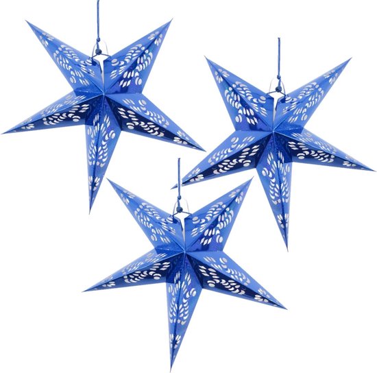 Set van 3x stuks decoratie kerstster lampionnen blauw 60 cm - Kerstdecoratie sterren blauw