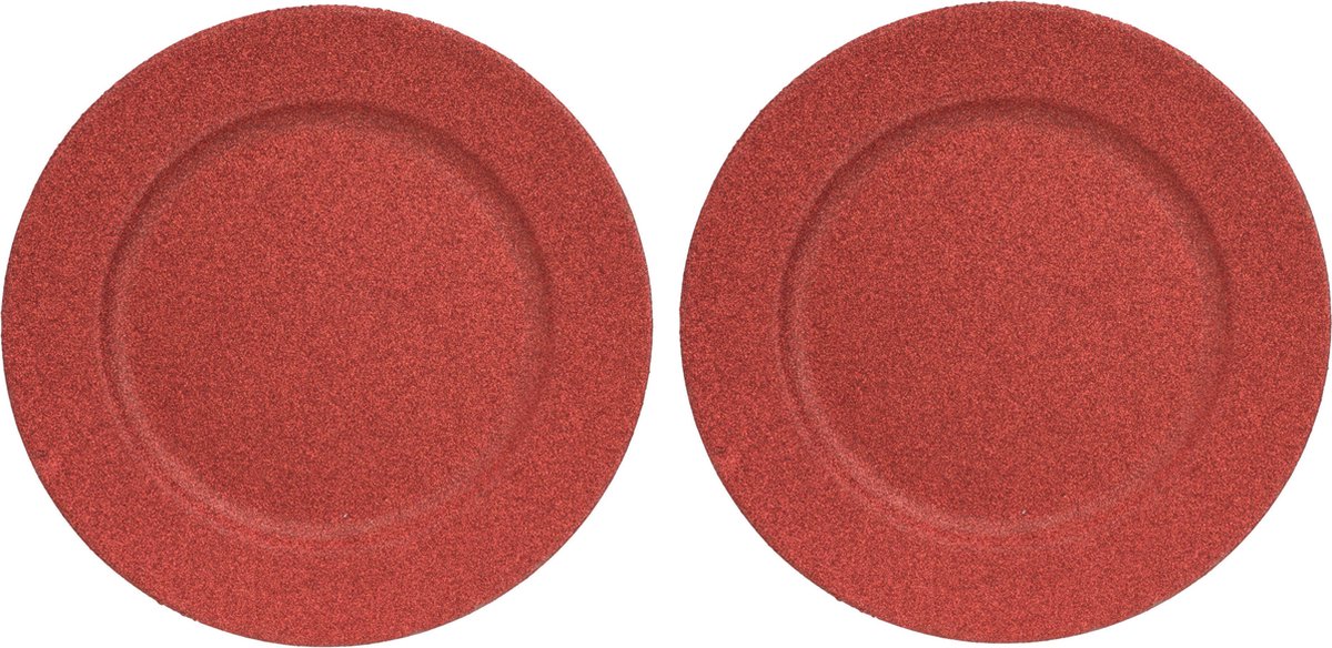 2x Ronde onderzet borden rood met glitters 33 cm - onderborden