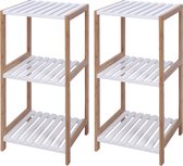 2x stuks bamboe houten bijzet kastjes/badkamer rekjes wit/bruin met 3 planken 33 x 34 x 79 cm