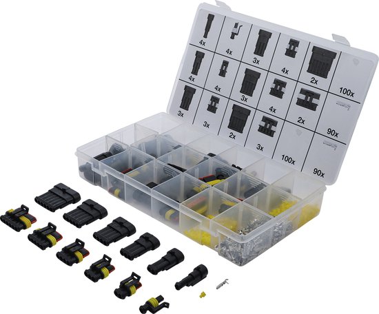Boîte contenant un assortiment de 425 connecteurs Superseal, regroupés dans des compartiments. Fiches grises et noires avec joints jaunes.