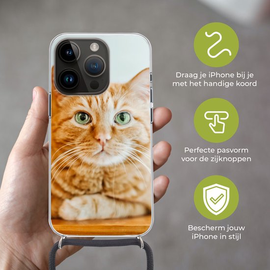 Étui de téléphone adapté à Apple Iphone 14 Pro - Chat - Bois - Étui - Siliconen - Bandoulière - Coque arrière avec cordon - Étui de téléphone avec cordon - Étui avec corde