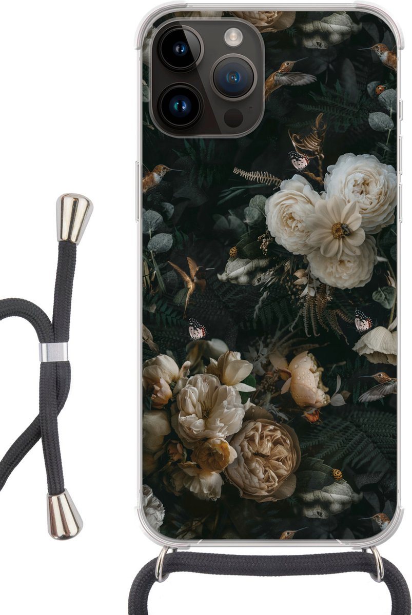 Telefoonkoord - Telefoonketting - Telefoonhoesje Geschikt voor Apple Iphone 14 Pro Max - Bloemen - Patronen - Vogel - Siliconen - Crossbody - Telefoonhoesje met koord Telefoonhoesje