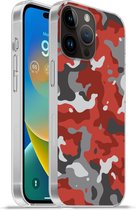 Geschikt voorApple Iphone 14 Pro - Softcase hoesje - Rood met grijs camouflage patroon - Siliconen Telefoonhoesje