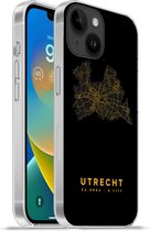 Geschikt voorApple Iphone 14 - Softcase hoesje - Utrecht - Kaart - Nederland - Black and gold - Siliconen Telefoonhoesje