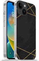 Geschikt voorApple Iphone 14 - Softcase hoesje - Geometrisch patroon van gouden lijnen op een zwarte achtergrond - Siliconen Telefoonhoesje