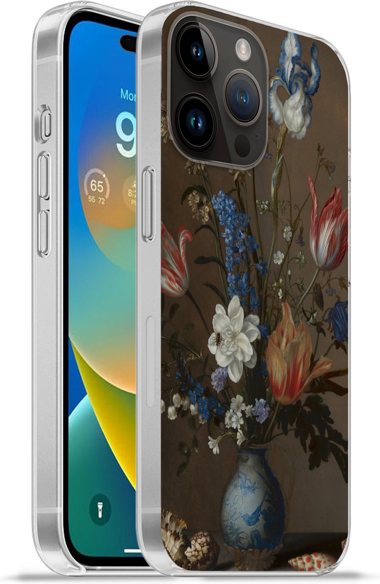 Telefoonhoesje Geschikt voor Apple Iphone 14 Pro Max hoesje - Bloemen in een Wan-Li vaas en schelpen - Schilderij van Balthasar van der Ast - Siliconen Telefoonhoesje Telefoonhoesje