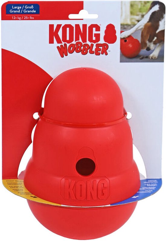 Grote rode Kong Wobbler in verpakking, geschikt voor honden van 12+ kg.