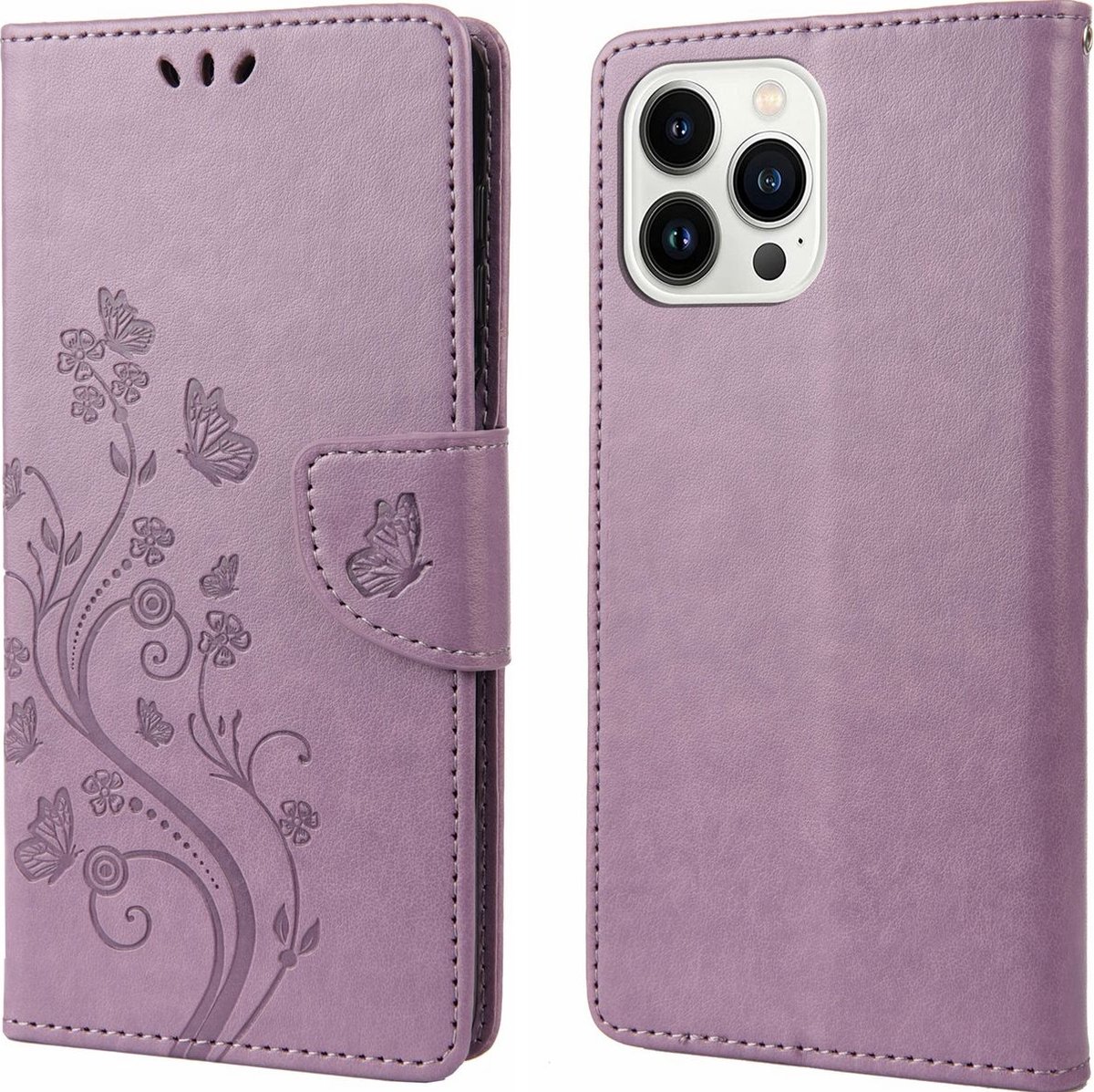 Mobigear Telefoonhoesje geschikt voor Apple iPhone 14 Pro Max Hoesje | Mobigear Flowers Bookcase Portemonnee | Pasjeshouder voor 3 Pasjes | Telefoonhoesje voor Pinpas / OV Kaart / Rijbewijs - Paars