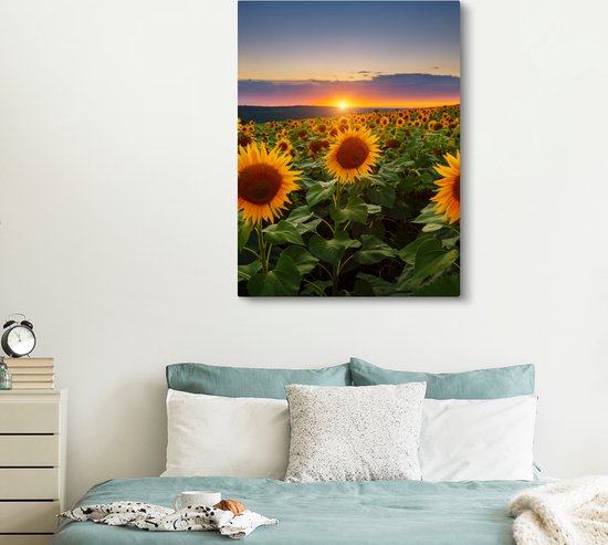 Peinture sur toile - Photo sur toile - Tournesol - Fleurs - Nuages - Ciel - Lumière du soleil - Décoration de chambre - Fleurs sur toile - 120x160 cm - Chambre