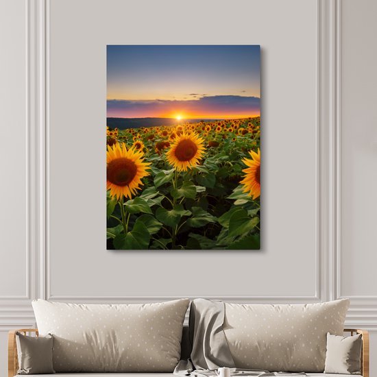 Peinture sur toile - Photo sur toile - Tournesol - Fleurs - Nuages - Ciel - Lumière du soleil - Décoration de chambre - Fleurs sur toile - 120x160 cm - Chambre