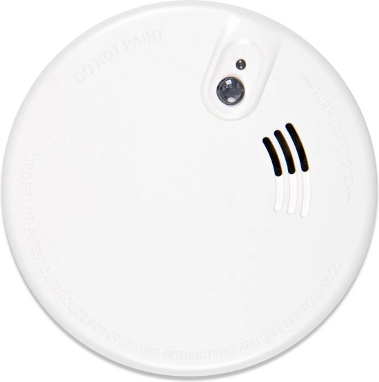 Witte optische rookmelder met 'Do not paint' tekst, LED en ventilatiesleuven.