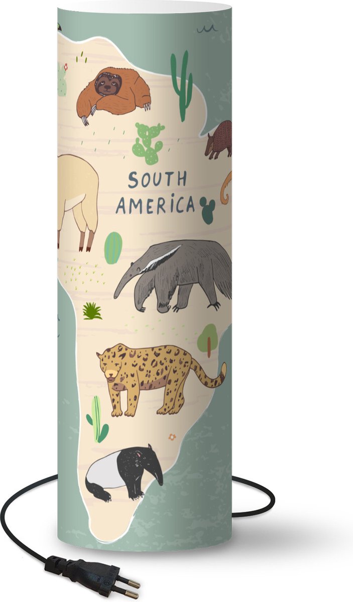 Lamp Wereldkaart met dieren - Kaart van Zuid-Amerika met dieren in groen lamp - 70 cm hoog - Ø22 cm - Inclusief LED lamp