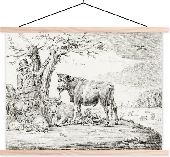 Posterhanger incl. Poster - Schoolplaat - Boer bij een hek en koeien - schilderij van Jean Bernard - 120x90 cm - Blanke latten