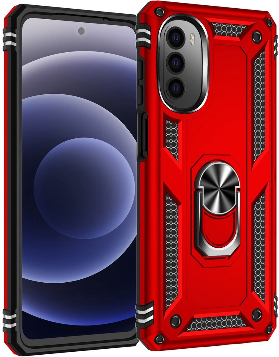 Mobigear Hoesje geschikt voor Motorola Moto G82 Telefoonhoesje Hardcase | Mobigear Armor Ring Backcover Shockproof met Ringhouder | Schokbestendig Moto G82 Telefoonhoesje | Anti Shock Proof - Rood