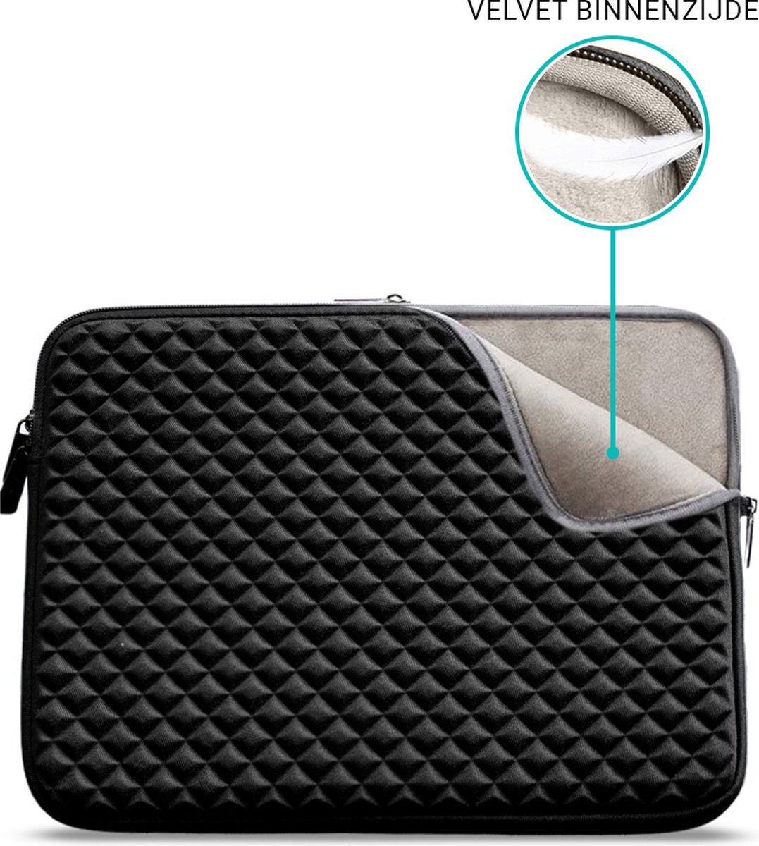 Laptophoes 13-14 inch waterafstotend krasbestendig soft velvet binnenkant diamant patroon zwart met ritssluiting - Afbeelding 2