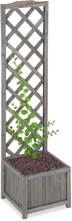 plantenbak met klimrek - hout - 25 liter - plantensteun 147 cm - buiten - grijs
