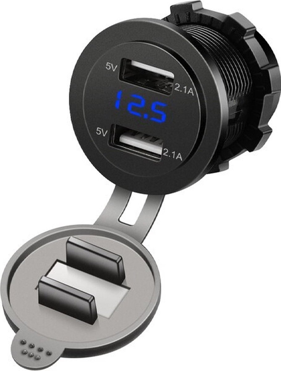 Dual USB stopcontact met voltage meter en deksel - Blauw - 12V/24V - 4,2A/5V - PVM1-B - Auto/Boot/Camper