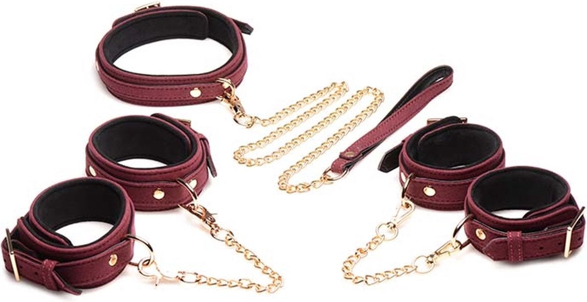 Goedkoopste XR Brands 6-Delige Fluwelen Bordeauxrode Bondageset met Manchetten, Halsband en Riem red