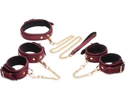 6-delige Velvet Burgundy Bondage Set met Cuffs, Collar en Belt